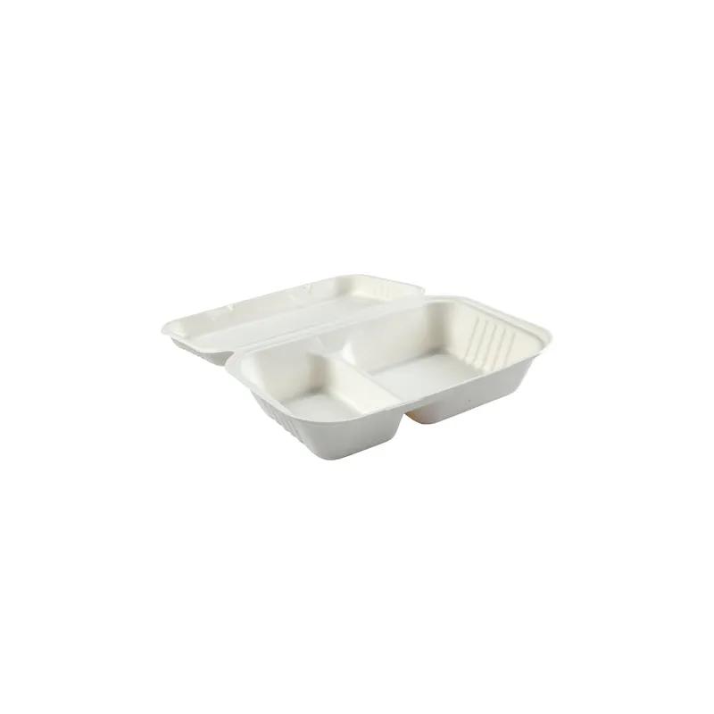 Take-Out Container Hinged 9X9 IN 2 Compartment Molded Fiber White 125 Count/Pack 2 Packs/Case 250 Count/Case