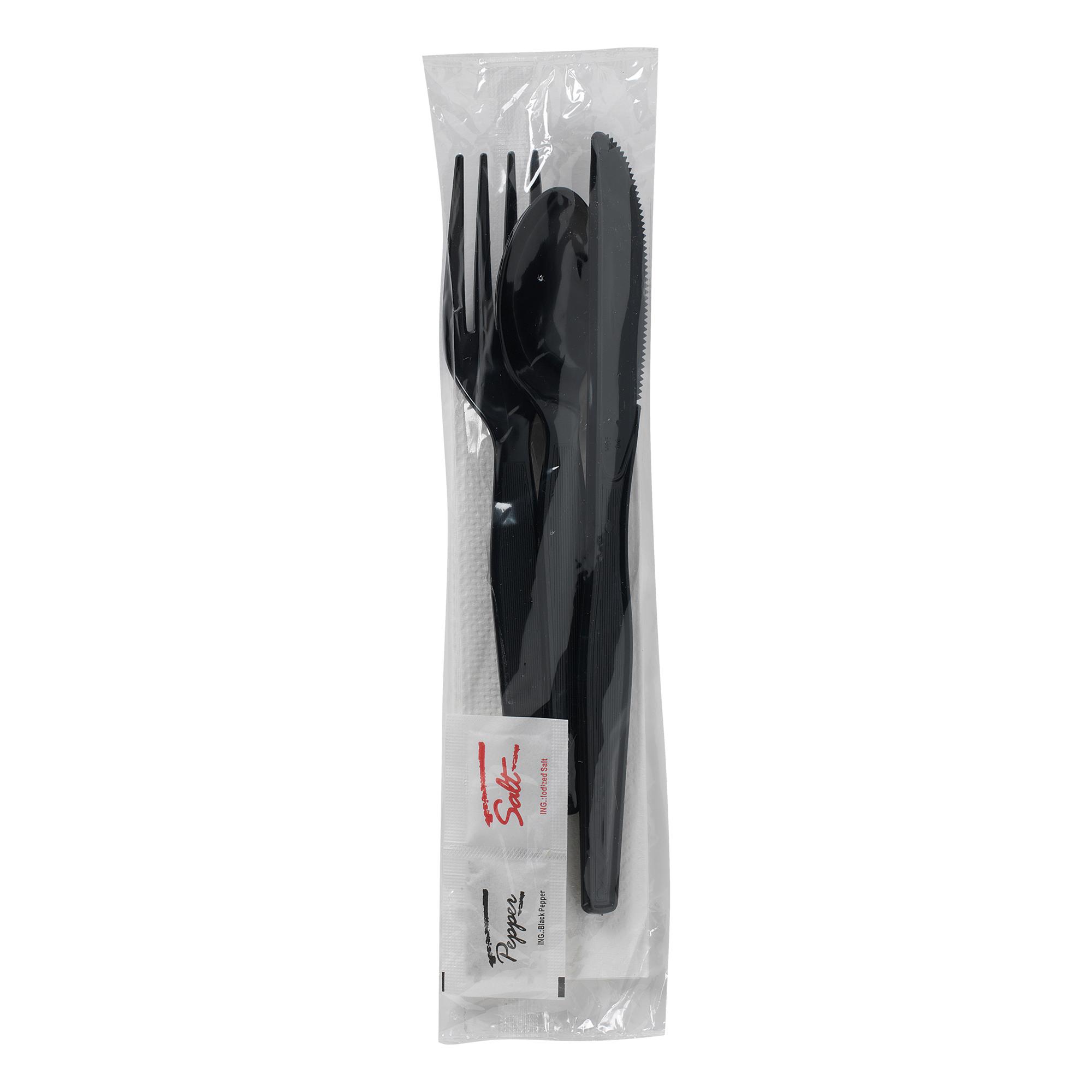 Dixie® 6PC Cutlery Kit PS Black Heavyweight Wrapped With White 1PLY Napkin,Fork,Knife,Teaspoon,Salt & Pepper 250/Case