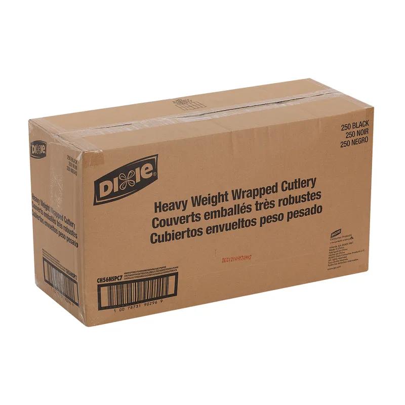 Dixie® 6PC Cutlery Kit PS Black Heavyweight Wrapped With White 1PLY Napkin,Fork,Knife,Teaspoon,Salt & Pepper 250/Case