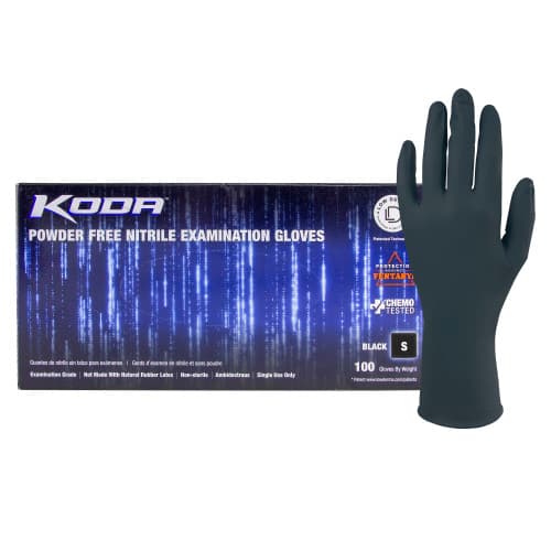 KODA® Exam Gloves Small (SM) Black 5.5MIL Nitrile Powder-Free Fentanyl & hemotherapy Drug Resistant 100 Ct/Box 10 Box/Cs