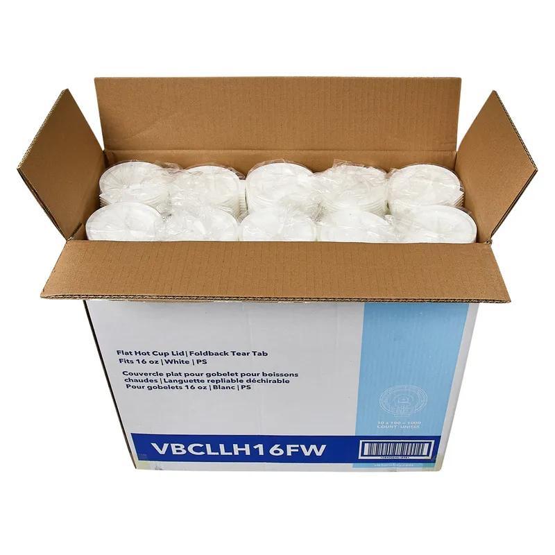Victoria Bay Lid Flat 92MM PS White Round For Hot 10 OZ Squat - 24 OZ Cup Fold Back Tear Tab 100 Count/Pack 10 Packs/Case
