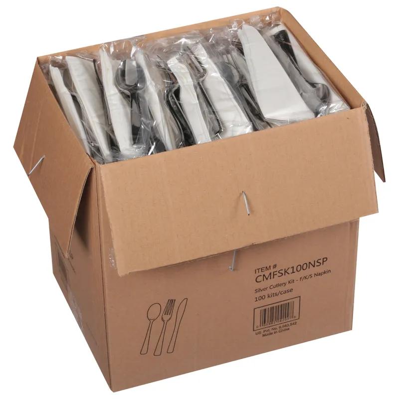 Silver Look 4PC Cutlery Kit PS With Napkin,Fork,Knife,Teaspoon 100/Case