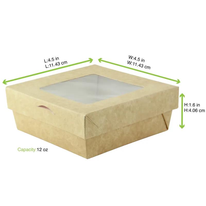 Take-Out Box & Lid Combo With PET Lid 4.5X4.5X1.6 IN Corrugated Cardboard Kraft 25 Count/Pack 4 Packs/Case 100 Count/Case