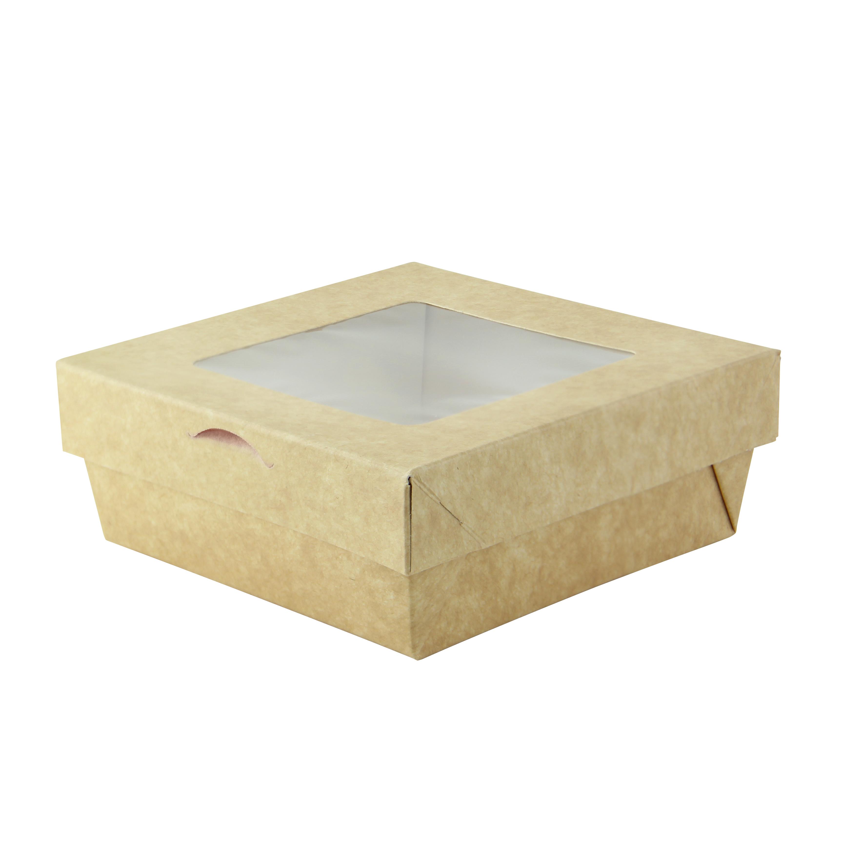Take-Out Box & Lid Combo With PET Lid 6.1X6.1X2 IN Corrugated Cardboard Kraft 25 Count/Pack 4 Packs/Case 100 Count/Case