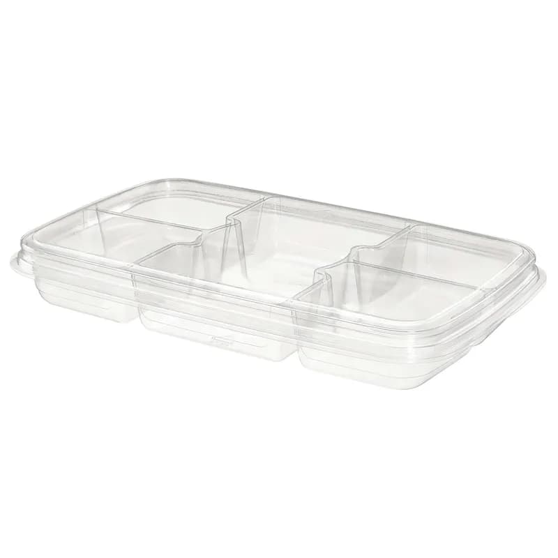 Essentials Take-Out Tray Base & Lid Combo 11X7X1.875 IN 5 Compartment RPET Clear Rectangle 1X16 OZ, 4X6 OZ 125/Case