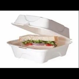 Take-Out Container Hinged 6X6X3 IN Sugarcane White Square Cut Resistant Grease Resistant Soak-Proof 500/Case
