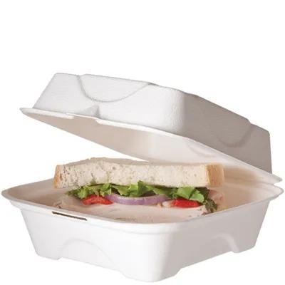 Take-Out Container Hinged 6X6X3 IN Sugarcane White Square Cut Resistant Grease Resistant Soak-Proof 500/Case