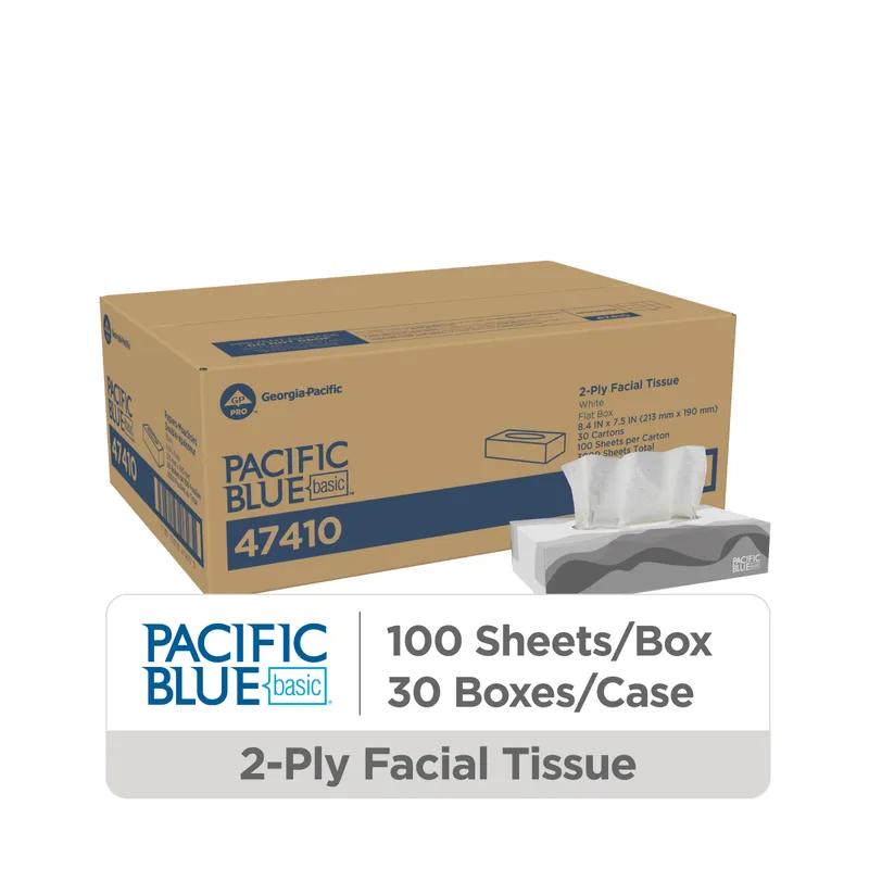 Pacific Blue Basic Facial Tissue 8.4X7.5 IN 2PLY White 1/2 Fold Flat Box 100 Sheets/Pack 30 Packs/Case 3000 Sheets/Case