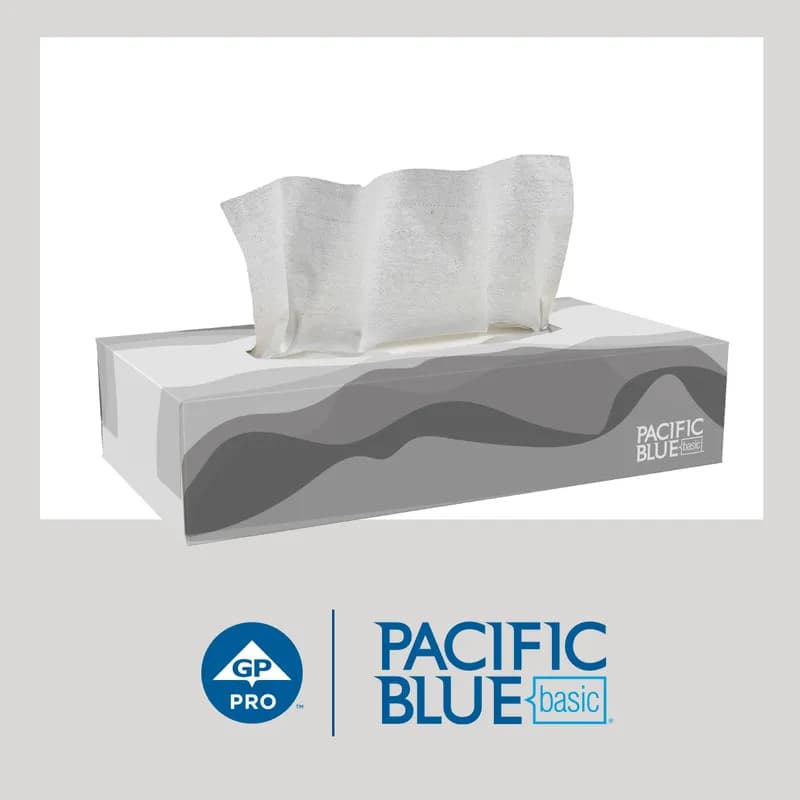 Pacific Blue Basic Facial Tissue 8.4X7.5 IN 2PLY White 1/2 Fold Flat Box 100 Sheets/Pack 30 Packs/Case 3000 Sheets/Case