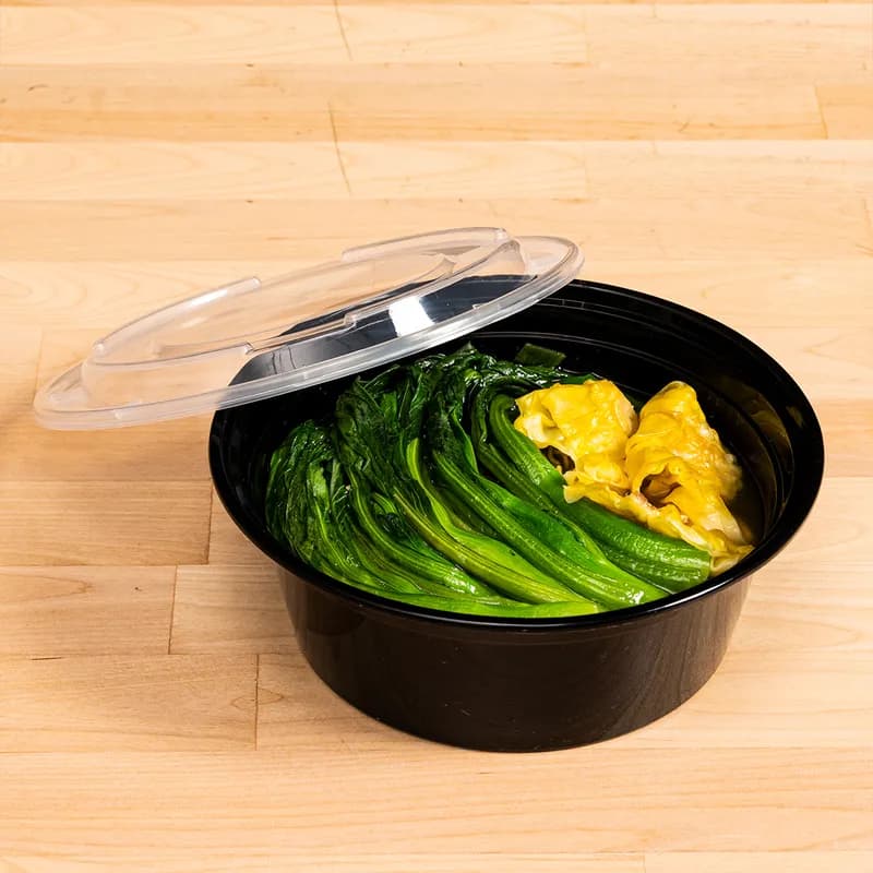 ReForm Take-Out Container Base & Lid Combo 38 OZ PP Black Round Heavy Duty Leak Resistant 150/Case