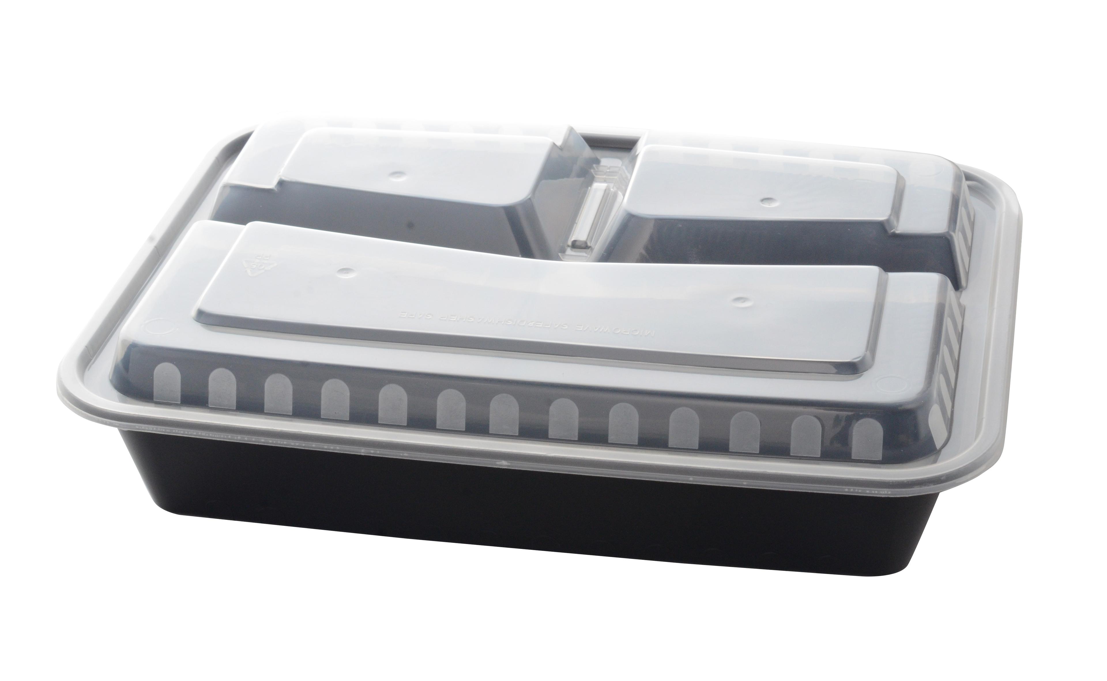 Take-Out Container Base & Lid Combo 33 OZ 3 Compartment PP Black Rectangle Microwave Safe 150/Case