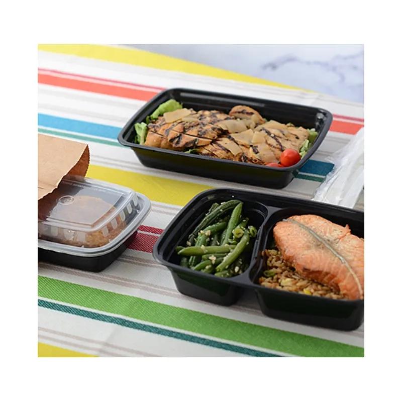 Take-Out Container Base & Lid Combo 33 OZ 3 Compartment PP Black Rectangle Microwave Safe 150/Case