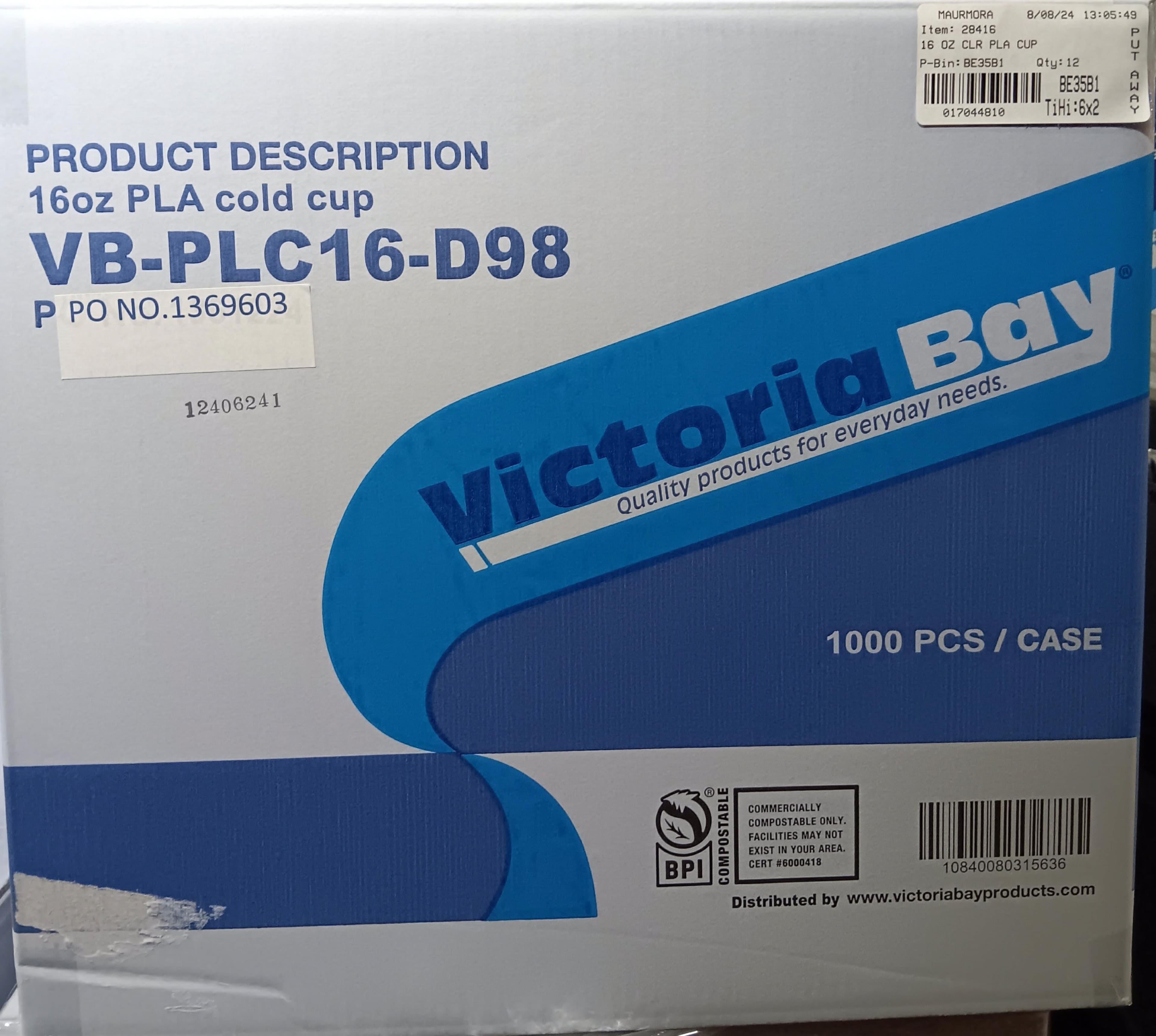 Victoria Bay Cup 16 FLOZ PLA Clear 1000 Count/Pack 1 Packs/Case
