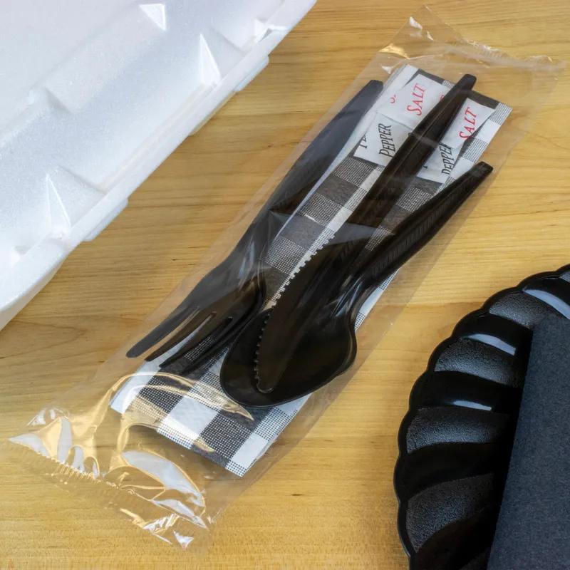 6PC Cutlery Kit PP Black Extra Heavy With Gingham 13X17 Napkin,Fork,Knife,Spoon,Salt & Pepper 250/Case