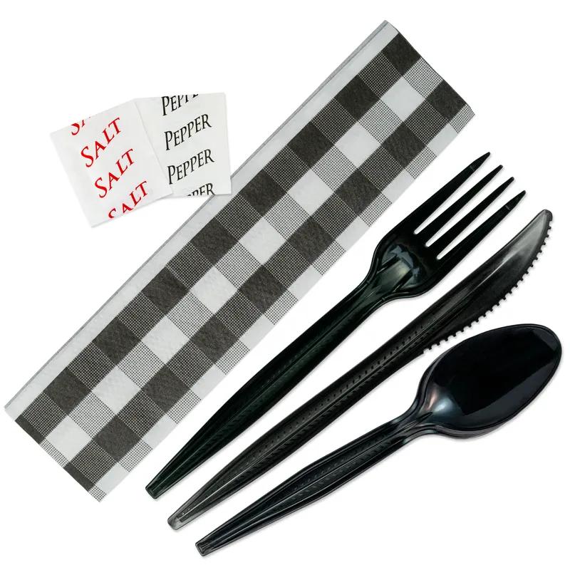 6PC Cutlery Kit PP Black Extra Heavy With Gingham 13X17 Napkin,Fork,Knife,Spoon,Salt & Pepper 250/Case