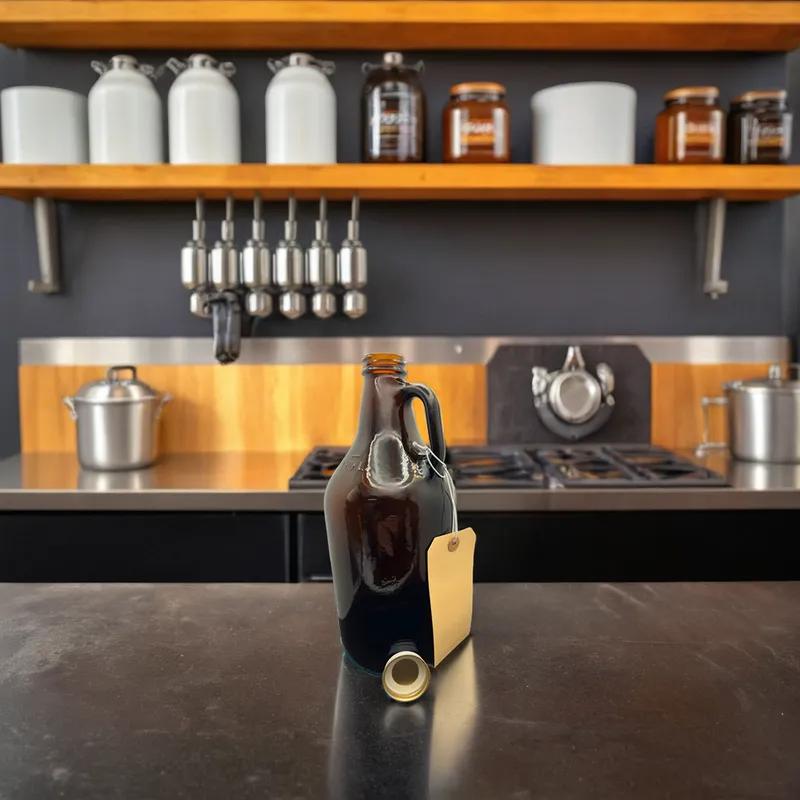 Growler 64 OZ 5X11 IN Glass Amber Round Dishwasher Safe With Handle 6/Case