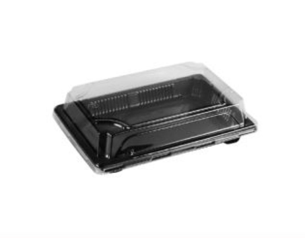 Sushi Take-Out Tray Base & Lid Combo 7X5 IN Plastic Black Clear Rectangle 500/Case