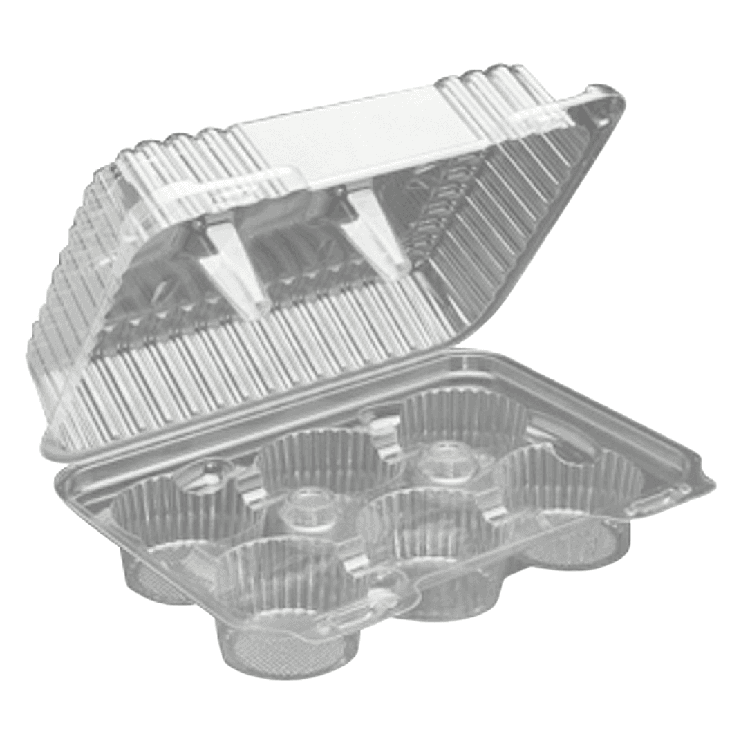 Cupcake Muffin Hinged Container With Deep Dome Lid 9X7.15X3.5 IN 6 Compartment Plastic Clear 300/Case