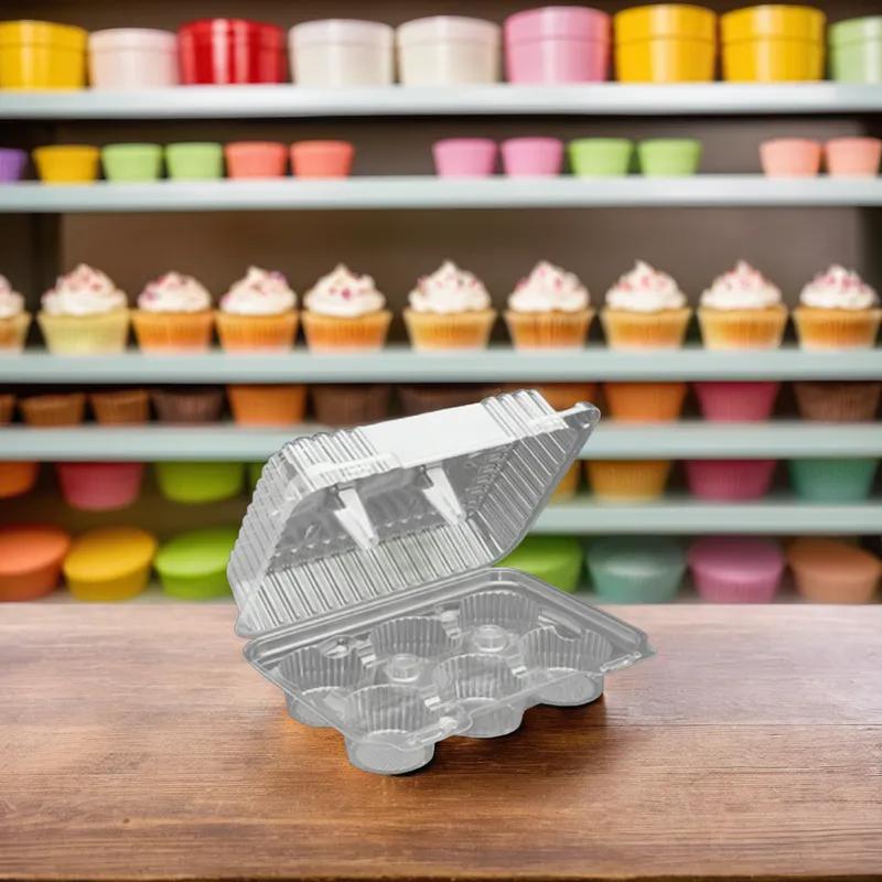 Cupcake Muffin Hinged Container With Deep Dome Lid 9X7.15X3.5 IN 6 Compartment Plastic Clear 300/Case