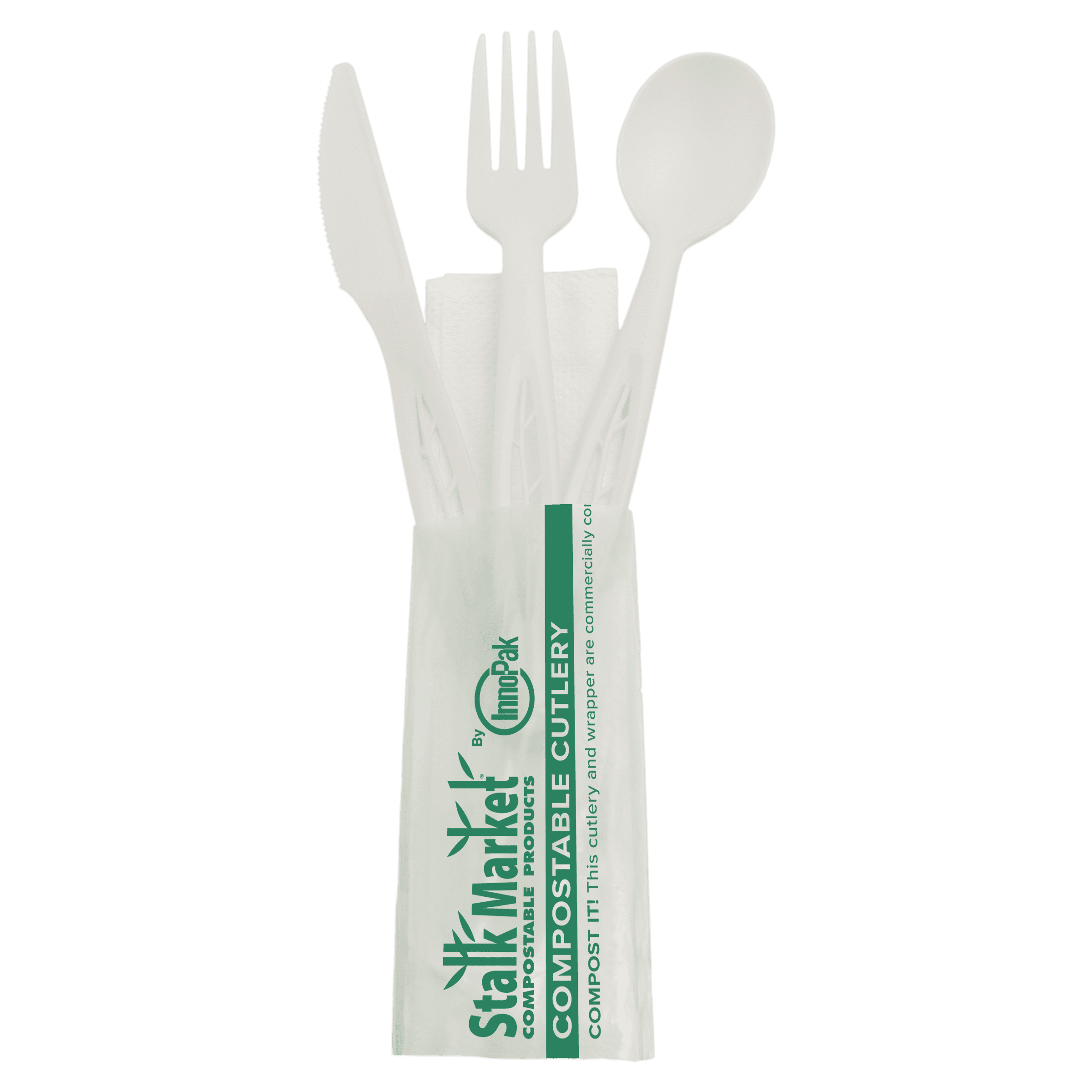 Stalk Market Cutlery Kit 6.5 IN CPLA White Heavyweight Individually Wrapped With Napkin,Napkin 250/Case