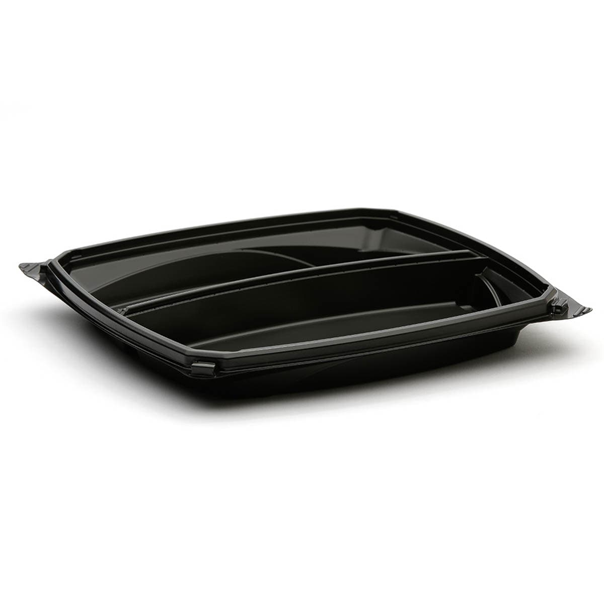 The BOTTLEBOX ® Take-Out Container Base 9X9X1.15 IN 2 Compartment PP Black Square 600/Case