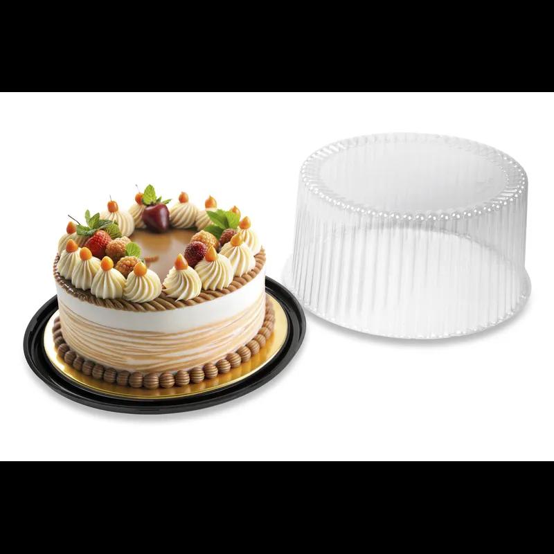 DisplayCake® Bakery Container & Lid Combo With High Dome Lid 10 IN PS Black Clear Round 2-3 Layer 80/Case