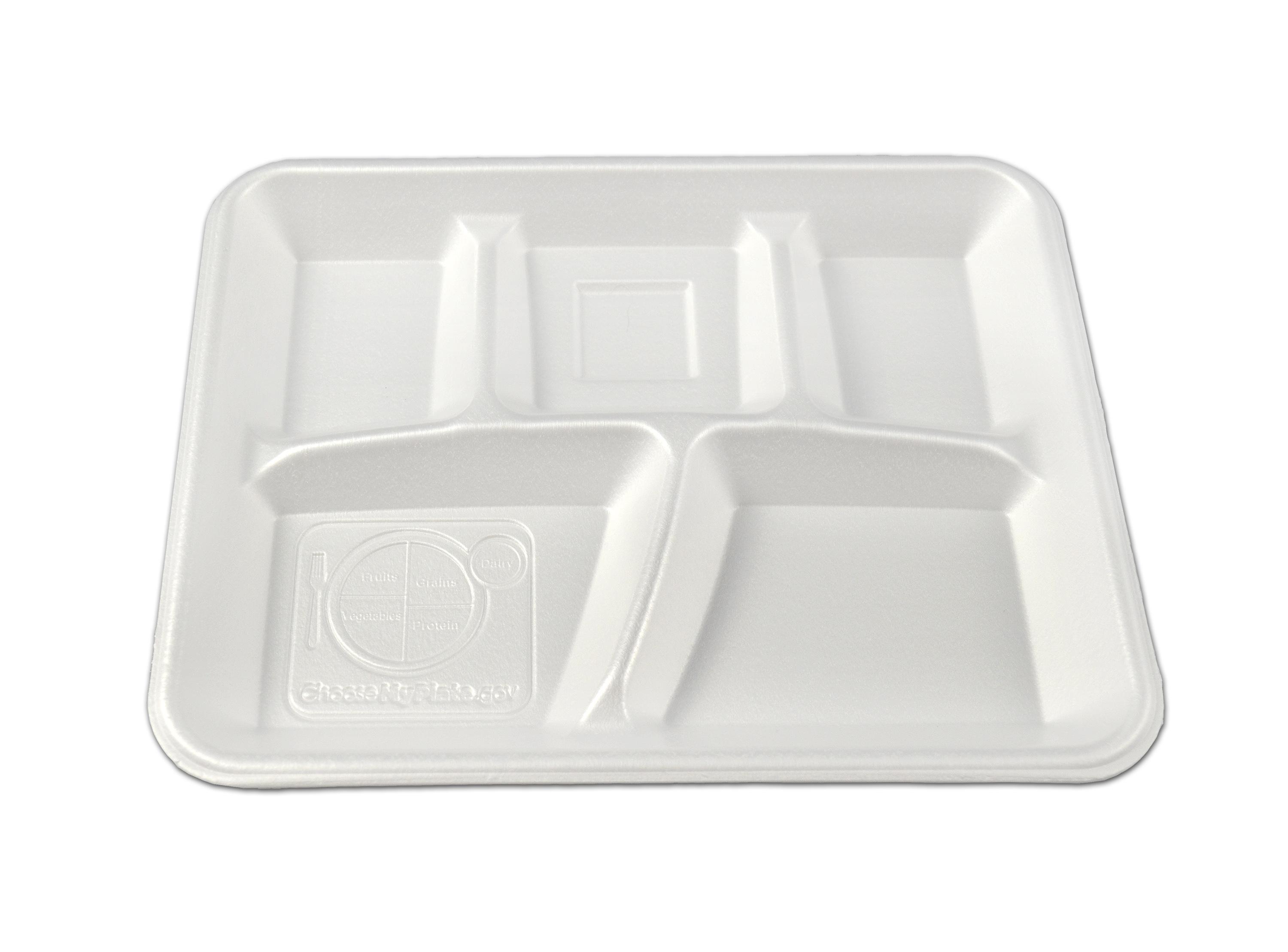 Enviroware Cafeteria & School Lunch Tray 10.38X8.31X1.16 IN 5 Compartment PS White 500/Case