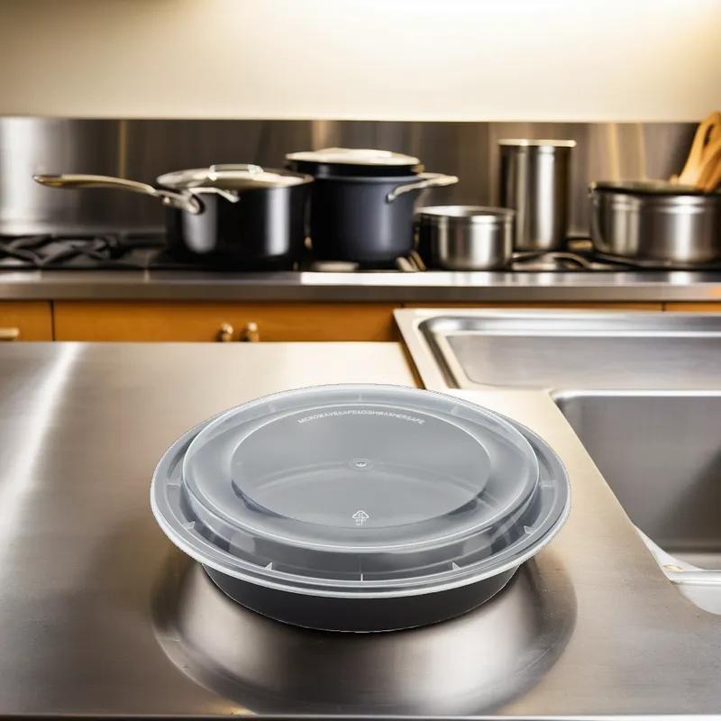 Karat® Take-Out Container Base & Lid Combo 48 OZ Black Round Microwave Safe 150/Case