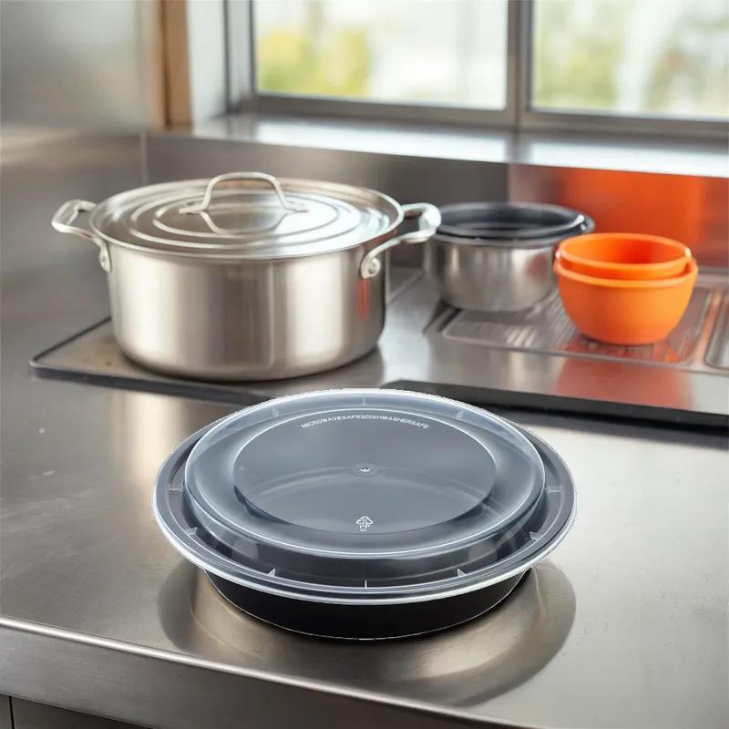 Karat® Take-Out Container Base & Lid Combo 48 OZ Black Round Microwave Safe 150/Case