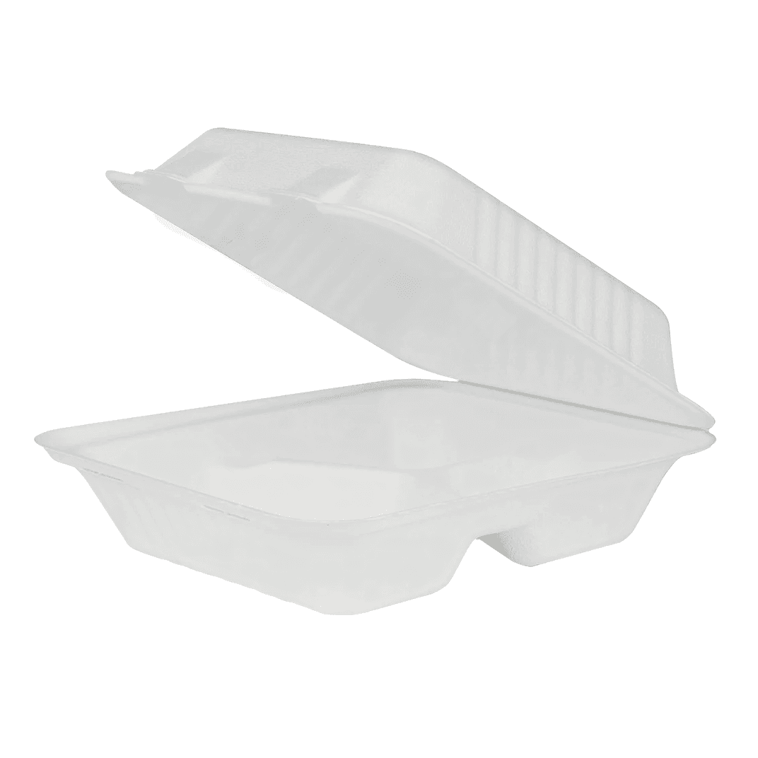 Karat® Take-Out Container Hinged 8X8 IN 3 Compartment Sugarcane White 200/Case