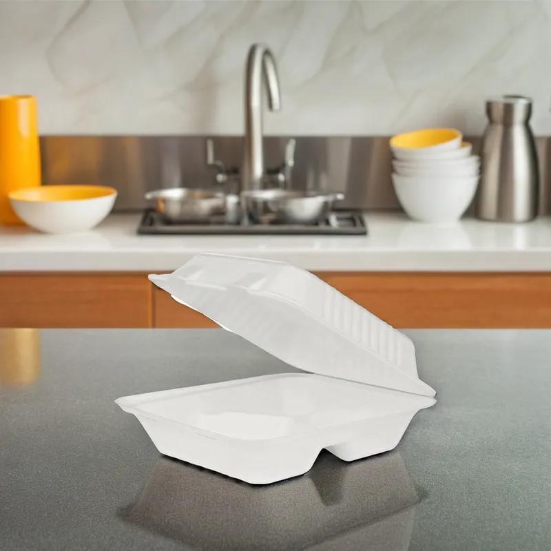 Karat® Take-Out Container Hinged 8X8 IN 3 Compartment Sugarcane White 200/Case