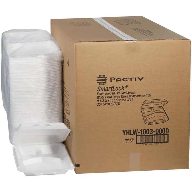 SmartLock® Take-Out Container Hinged Large (LG)/Extra Large (XL) 9.5X10.5X3.3 IN 3 Compartment Foam White Dual-tab 250/Case