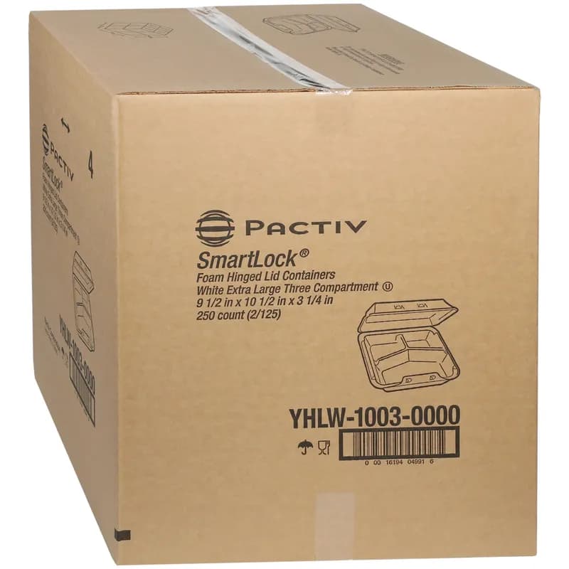SmartLock® Take-Out Container Hinged Large (LG)/Extra Large (XL) 9.5X10.5X3.3 IN 3 Compartment Foam White Dual-tab 250/Case