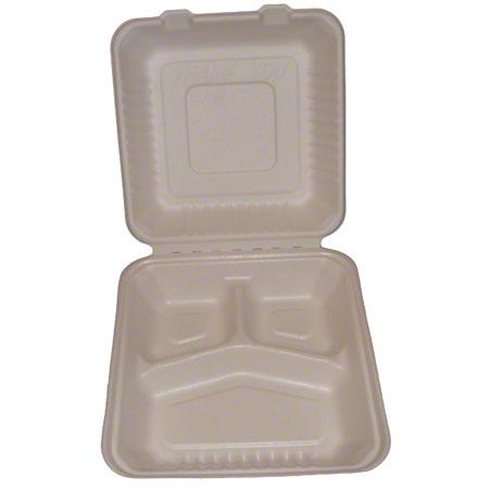 Take-Out Container Hinged 9X9X3.19 IN 3 Compartment Molded Fiber PLA White 80 Count/Pack 2 Packs/Case 160 Count/Case