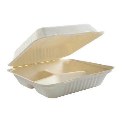 Take-Out Container Hinged 9X9X3.19 IN 3 Compartment Molded Fiber PLA White 80 Count/Pack 2 Packs/Case 160 Count/Case