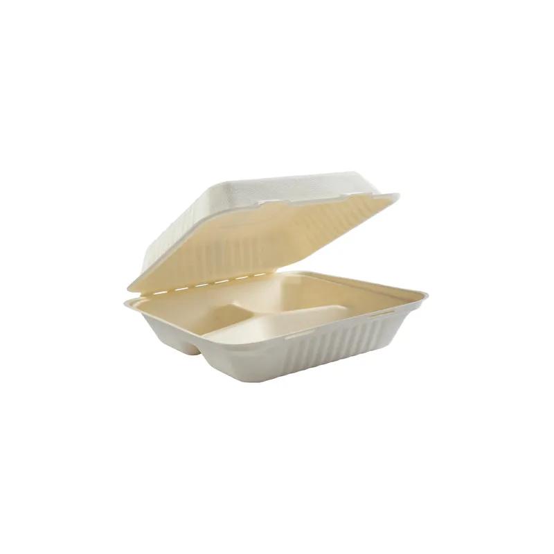 Take-Out Container Hinged 9X9X3.19 IN 3 Compartment Molded Fiber PLA White 80 Count/Pack 2 Packs/Case 160 Count/Case