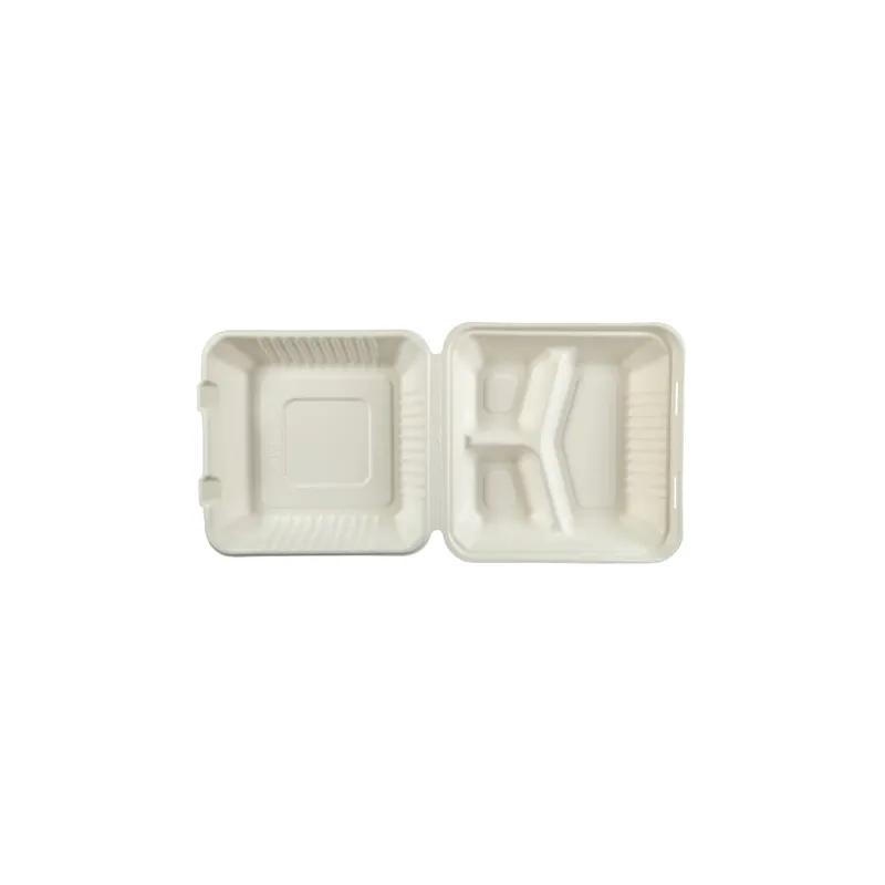Take-Out Container Hinged 9X9X3.19 IN 3 Compartment Molded Fiber PLA White 80 Count/Pack 2 Packs/Case 160 Count/Case