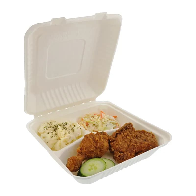 PrimeWare® Take-Out Container Hinged 9X9X3.19 IN 3 Compartment Molded Fiber PLA White 80 Count/Pack 2 Packs/Case