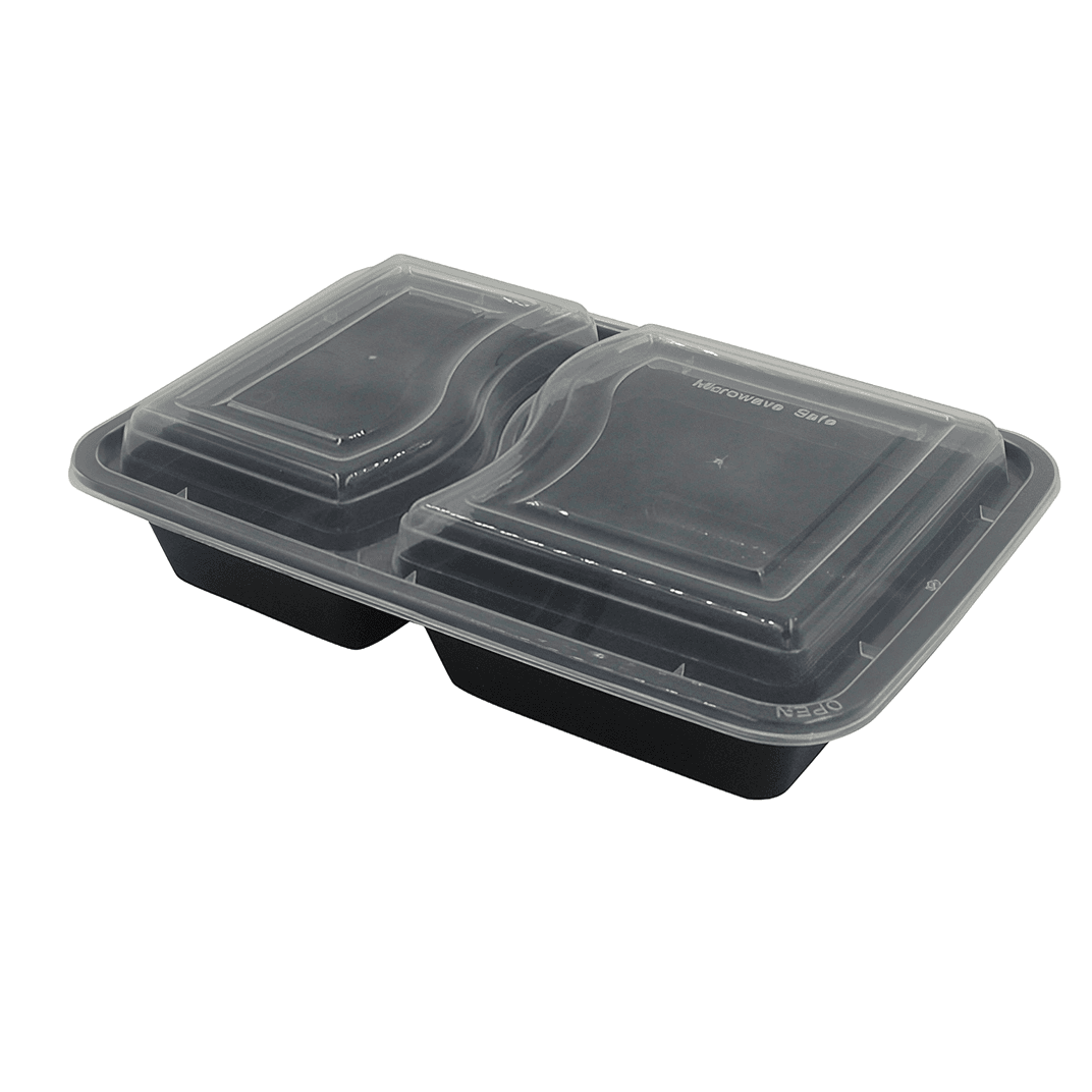 Take-Out Container Base & Lid Combo 30 OZ 2 Compartment Black Rectangle Heavy Duty 120/Case