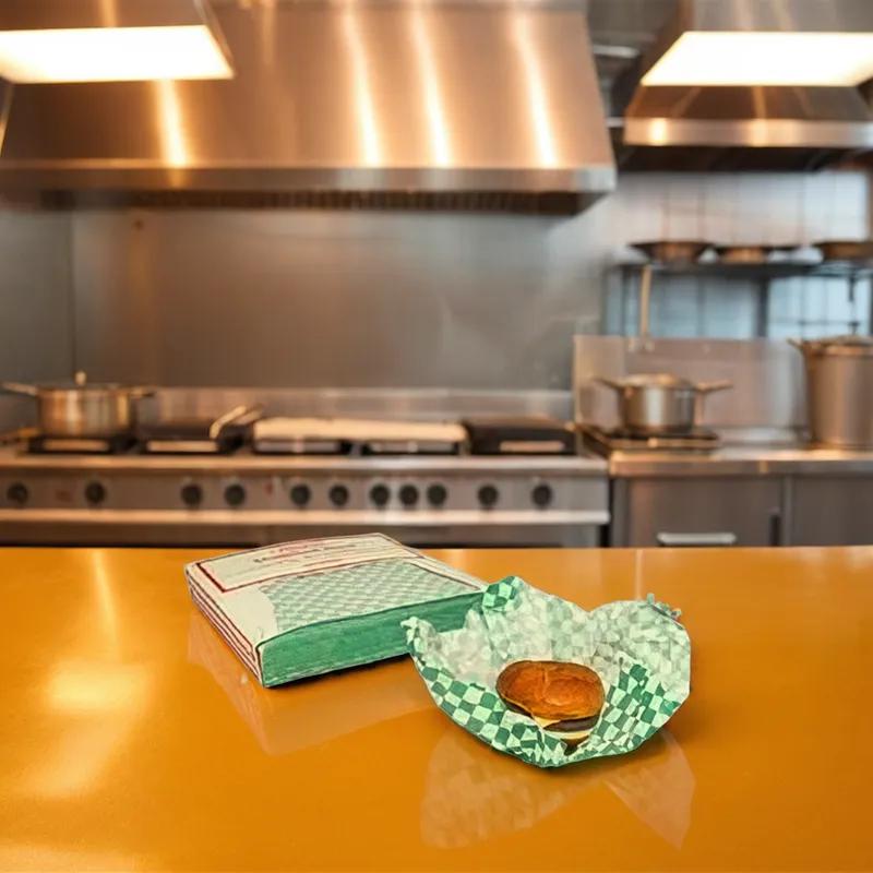 Sandwich Wrap Basket Liner Sheet 12X12 IN Dry Wax Paper Green White Check Grease Resistant 1000 Sheets/Pack 5 Packs/Case