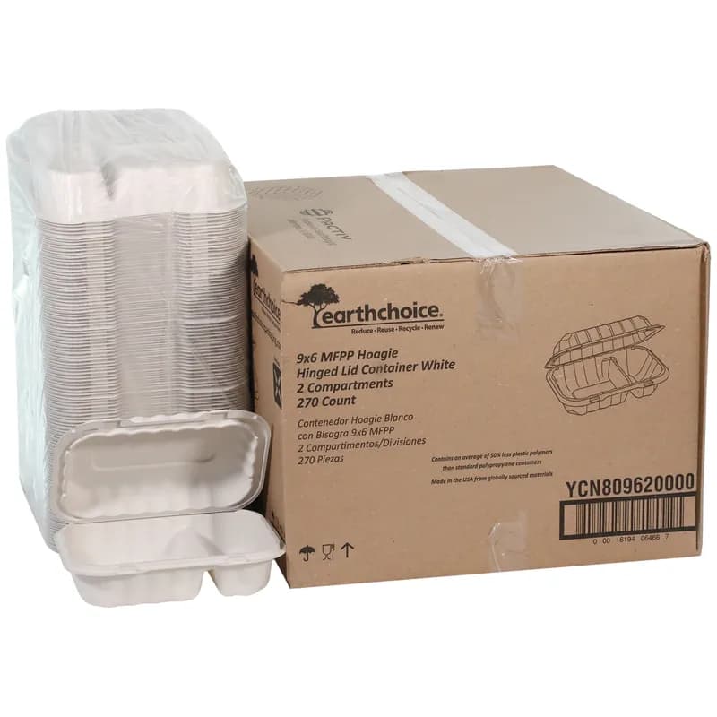 EarthChoice® Take-Out Container Hinged 9X6X3 IN 2 Compartment MFPP White Microwave Safe 270/Case