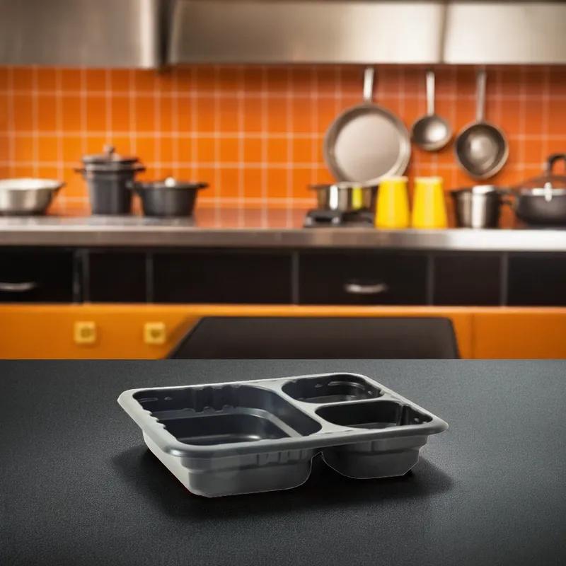 Take-Out Container Base 8.75X6.72X1.6 IN 3 Compartment PP Black Rectangle Microwavable-Base Only 384/Case