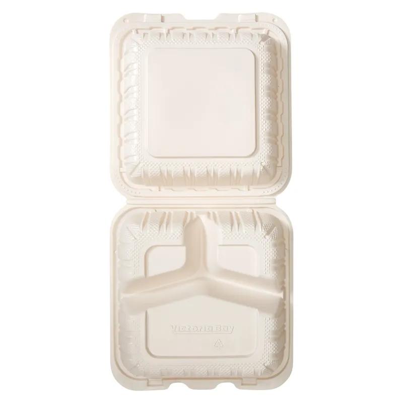 Victoria Bay Take-Out Container Hinged 8X8X3 IN 3 Compartment MFPP Ivory Square Freezer Safe Microwave Safe 150/Case