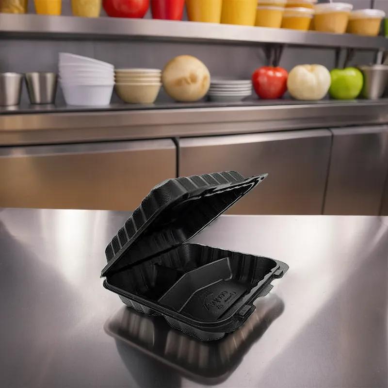 Victoria Bay Take-Out Container Hinged 8X8X3 IN 3 Compartment MFPP Black Square Freezer Safe Microwave Safe 150/Case