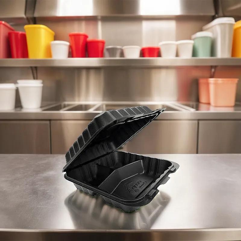 Victoria Bay Take-Out Container Hinged 8X8X3 IN 3 Compartment MFPP Black Square Freezer Safe Microwave Safe 150/Case