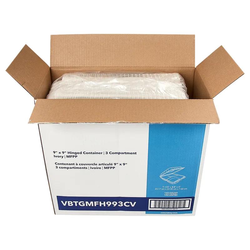 Victoria Bay Take-Out Container Hinged 9X9X3 IN 3 Compartment MFPP Ivory Square Freezer Safe Microwave Safe 150/Case