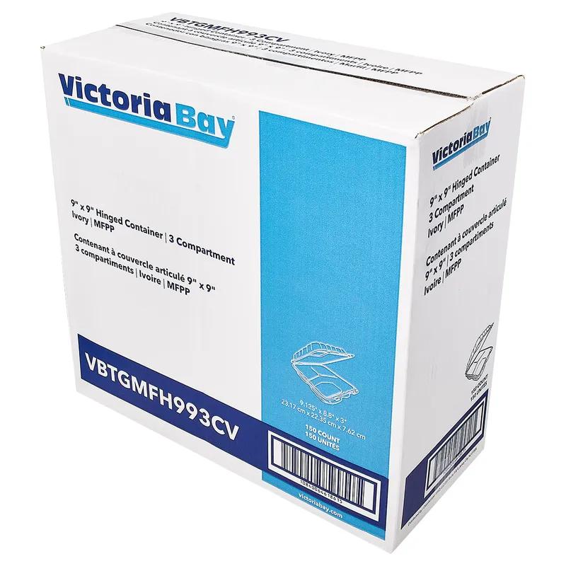 Victoria Bay Take-Out Container Hinged 9X9X3 IN 3 Compartment MFPP Ivory Square Freezer Safe Microwave Safe 150/Case