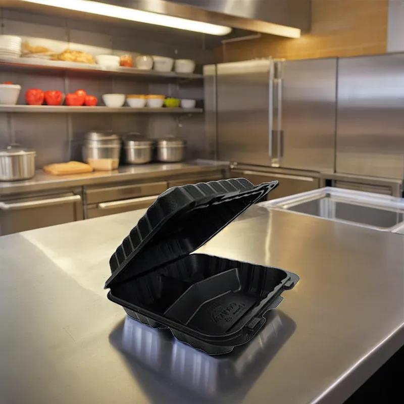 Victoria Bay Take-Out Container Hinged 9X9X3 IN 3 Compartment MFPP Black Square Freezer Safe Microwave Safe 150/Case