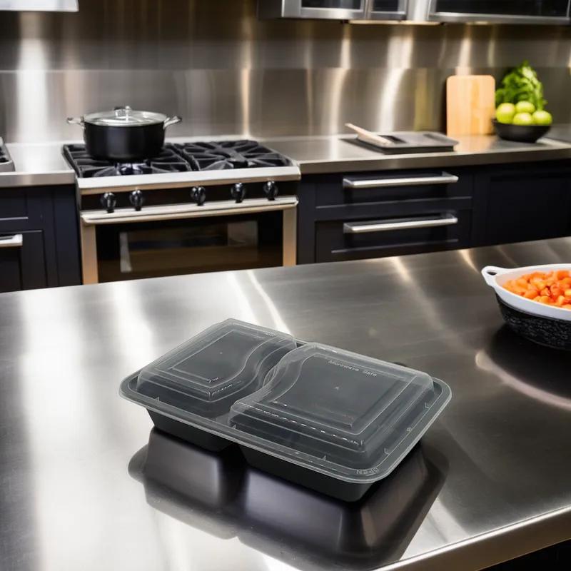 Take-Out Container Base & Lid Combo 42 OZ 3 Compartment Black Rectangle Heavy Duty 150/Case