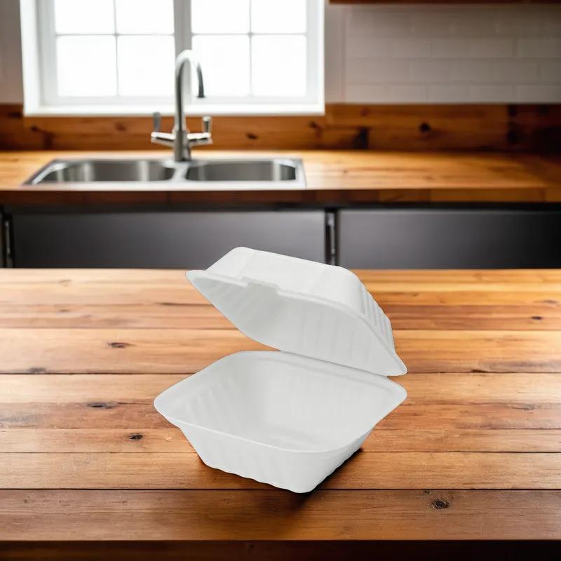 Karat Earth Take-Out Container Hinged 6X6 IN Sugarcane White 500/Case